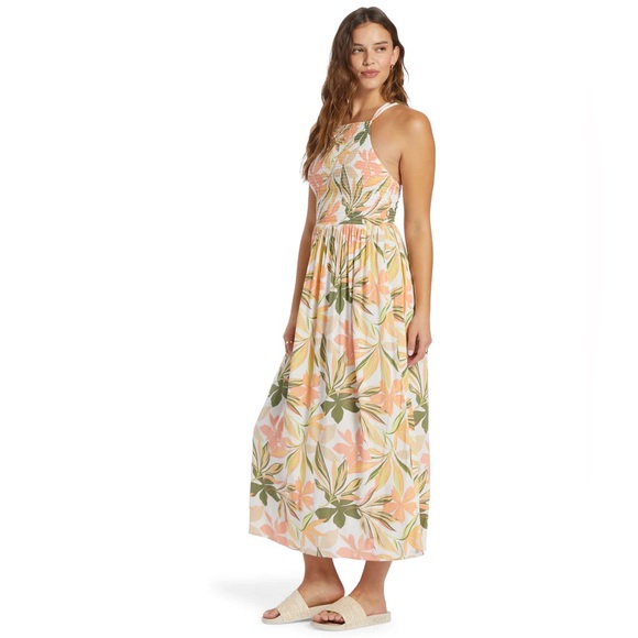Roxy Dresses & Skirts - Roxy Floral Halter Maxi Dress in Peach, Olive & Cream Floral Print, L